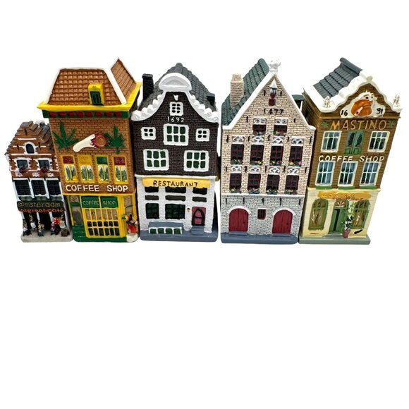 Amsterdam Miniature Ceramic Canal House 5 Pc Figurines Decorative Collectibles - Picture 1 of 11